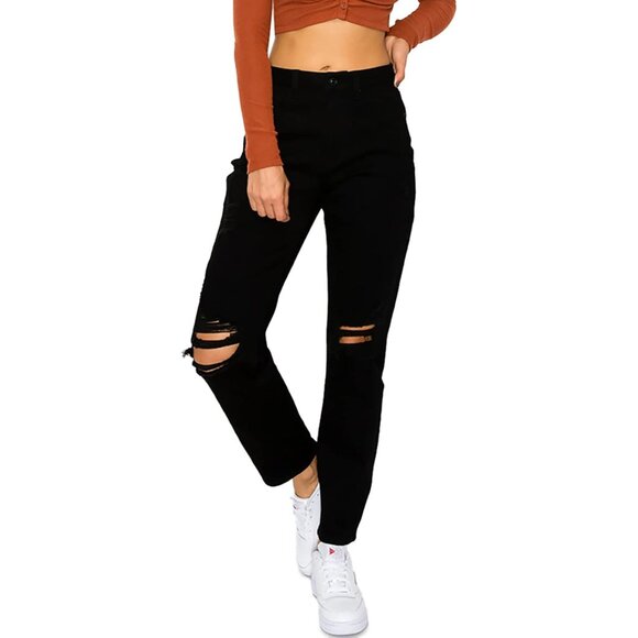 Women's Black Mom Jeans Distressed Knee Casual Relaxed Fit 7 - Picture 1 of 2